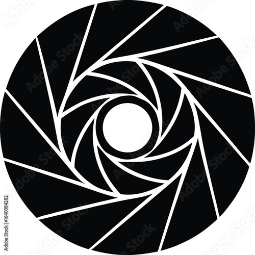 Vector art of abstract black and white aperture illustration representing a camera lens and photographic technology