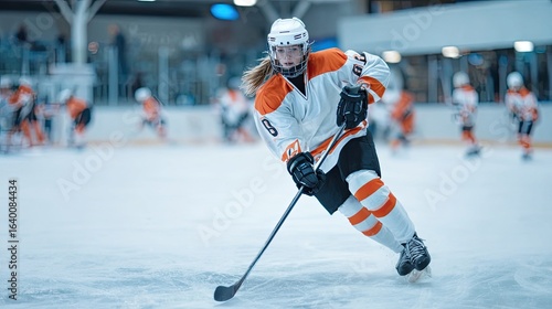Dynamic young female hockey player in action during a competitive ice rink match, showcasing speed and determination on the ice