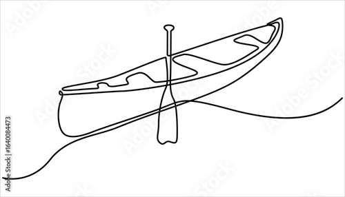 Single continuous line drawing canoe trails and rafting club with kayaking equipment, boat icon continuous one line drawing, Vintage mountain, rafting, kayaking, paddling, canoeing camping. 