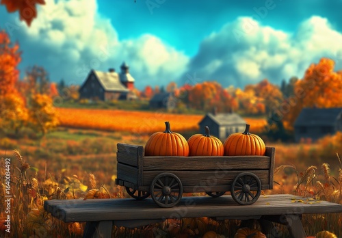 Rustic Cart Filled With Pumpkins in a Vibrant Autumn Landscape Near a Farmhouse