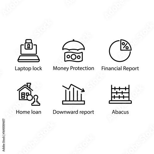 Laptop lock, Money Protection, Financial Report, Home loan, Downward report, Abacus, icon