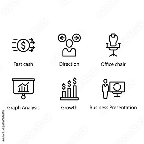 Fast cash, Direction, Office chair, Graph Analysis, Growth, Business Presentation, icon