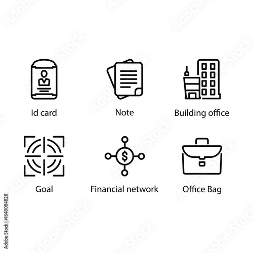 Id card, Note, Building office, Goal, Financial network, Office Bag, icon
