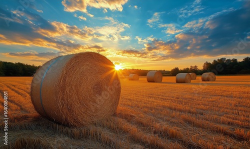 Golden Sunset Illuminating Hay Bales in a Field With Vibrant Clouds and Blue ...