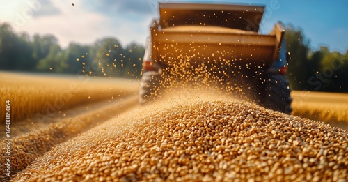Harvesting Wheat With a Loader on a Sunny Day in Golden Fields