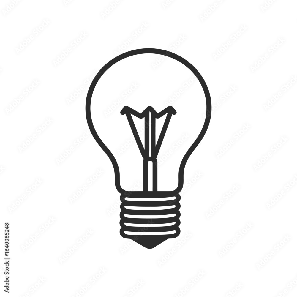 Lightbulb icon, line art with clear filament and black outline Lightbulb icon, line art with clear filament and black outline