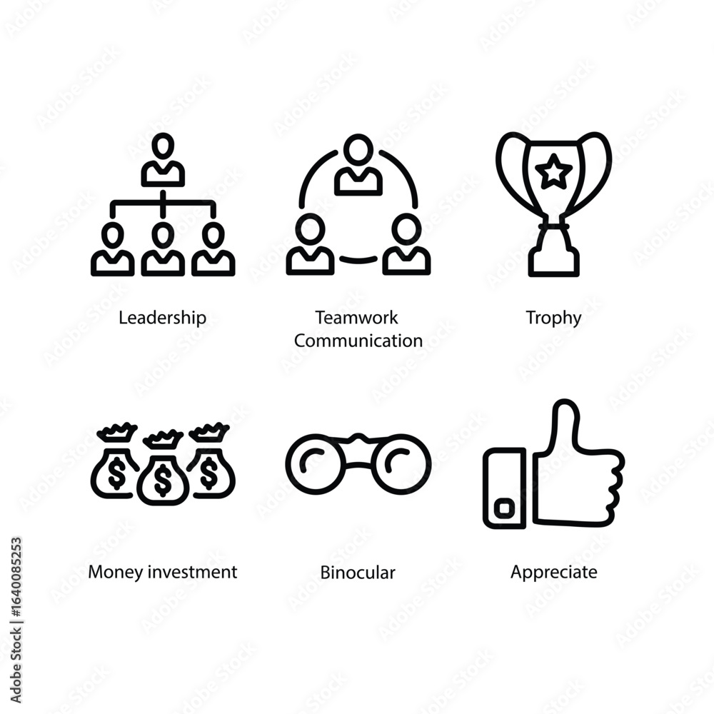 Fototapeta premium Leadership, Teamwork Communication, Trophy, Money investment, Binoculars, Appreciate, icon