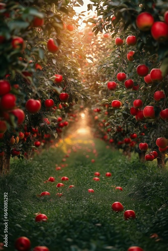 Vibrant Apple Orchard Pathway With Ripe Red Apples on the Trees in Warm After...