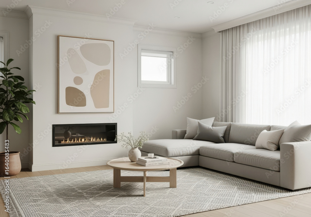 Fototapeta premium Modern living room design, featuring a fireplace, comfortable couch, and a cozy atmosphere
