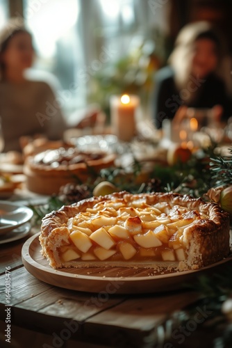 Delicious Dessert With Pie and Refreshments on Wooden Table During a Casual G...