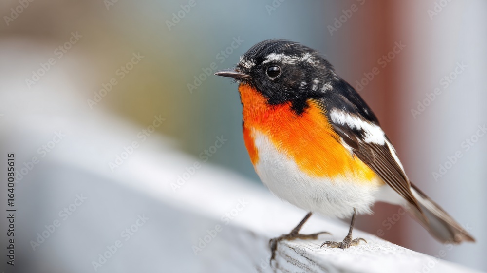Fototapeta premium A small bird with orange and white feathers is perched on a wooden fence. The bird appears to be looking down, possibly observing its surroundings or waiting for something
