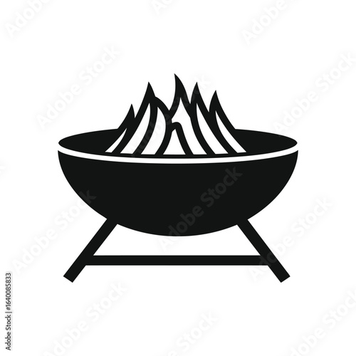Black grill with fire icon, barbecue symbol, white background, isolated illustration