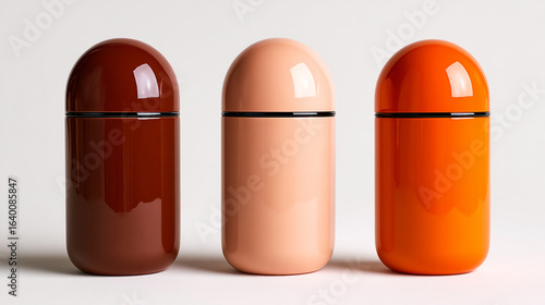 Three modern cosmetic bottles in brown, tan, and orange colors, isolated on a white background