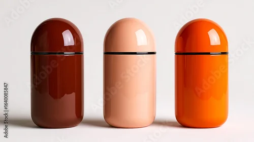 Fototapeta Three modern cosmetic bottles in brown, tan, and orange colors, isolated on a white background