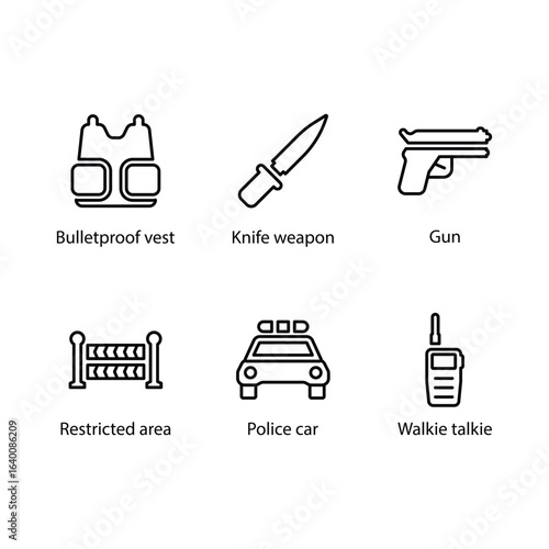 Grenade bomb, Jail, Wanted poster, Footprint searching, Ammo, Legal justice, icon