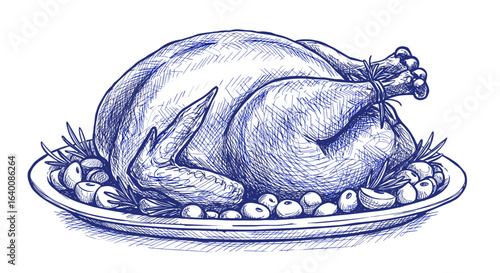 Blue ballpoint pen doodle traditional turkey on plate, hand-drawn sketch isolated on white vector illustration

