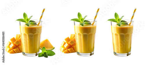 Three Mango Lassi Glasses with Straws on Transparent Background