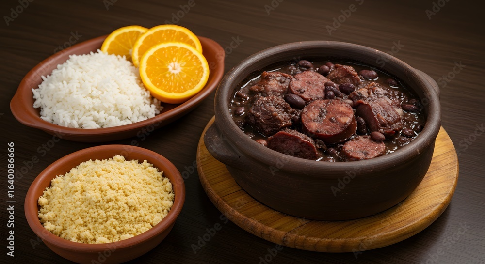 Brazilian feijoada in a clay pot with rice, farofa, and orange slices Brazilian feijoada in a clay pot with rice, farofa, and orange slices