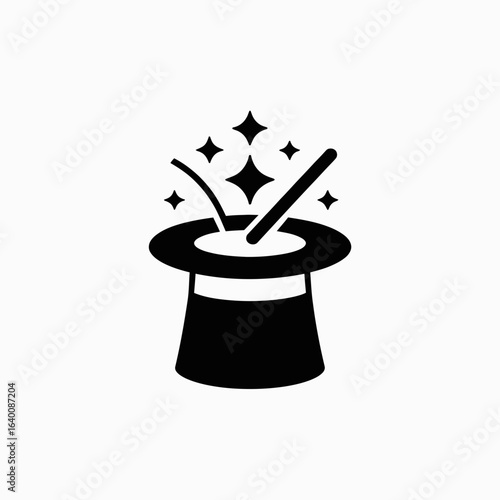 magic hat icon, magician hat, wand and hat symbol, magic trick vector, illusion icon, top hat magic, sparkling hat, wizard hat with wand, magical performance, magic show symbol, hat with stars, conjur