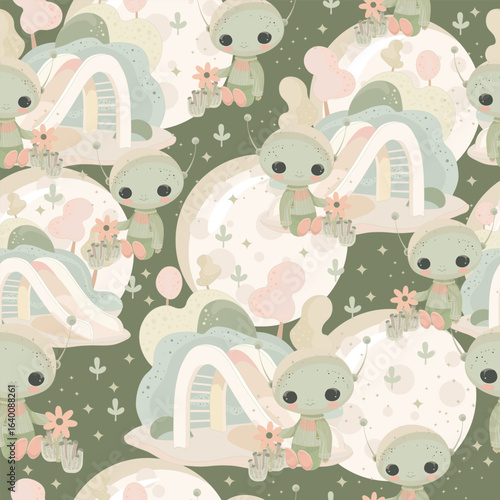 A sweet, alien-world-themed repeat design capturing gentle creatures in a dreamy, pastel playground