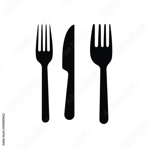 Black silhouette icon of two forks and one knife on white background