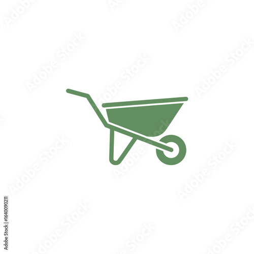 A simple green icon depicting a wheelbarrow, a gardening tool.
