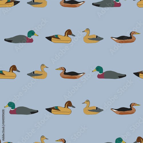 Vintage Decoy Ducks in Stripes on a Sky Blue Background creating a seamless pattern print