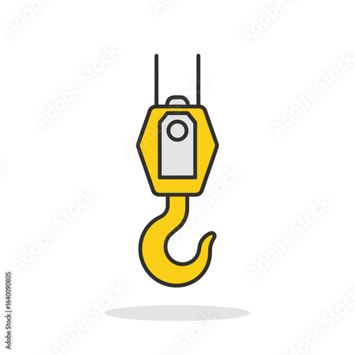 Yellow industrial crane hook with a gray block.