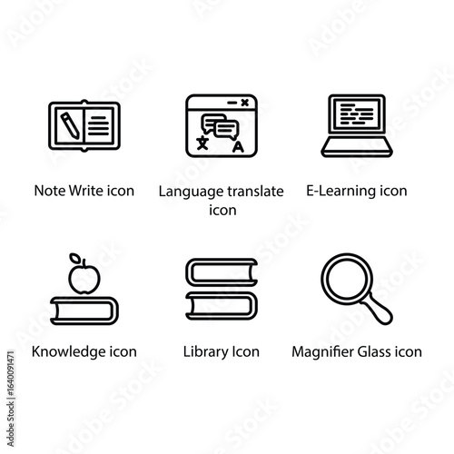 Note Write, Language translate, E-Learning, Knowledge, Library, Magnifier Glass, icon