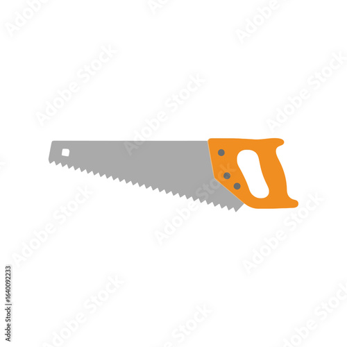 A classic hand saw with a gray serrated blade and an orange handle, isolated on a white background.