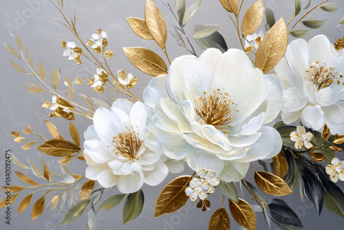 A beautiful arrangement of white and gold flowers is showcased against a soft gray background, ideal for enhancing any space with elegance and charm