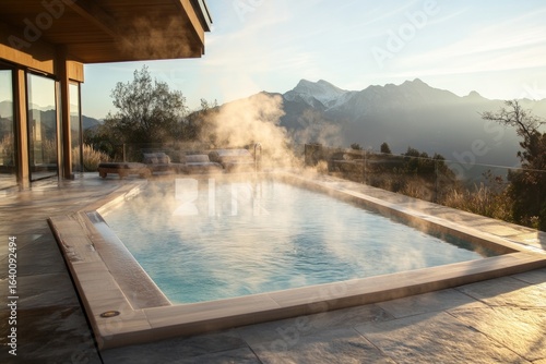 A tranquil heated pool fills the air with steam as morning sunlight shines down, showcasing breathtaking mountain views. Perfect for relaxation and rejuvenation