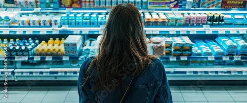 Person standing in a store aisle looking at refrigerated drinks and dairy products on shelves.
