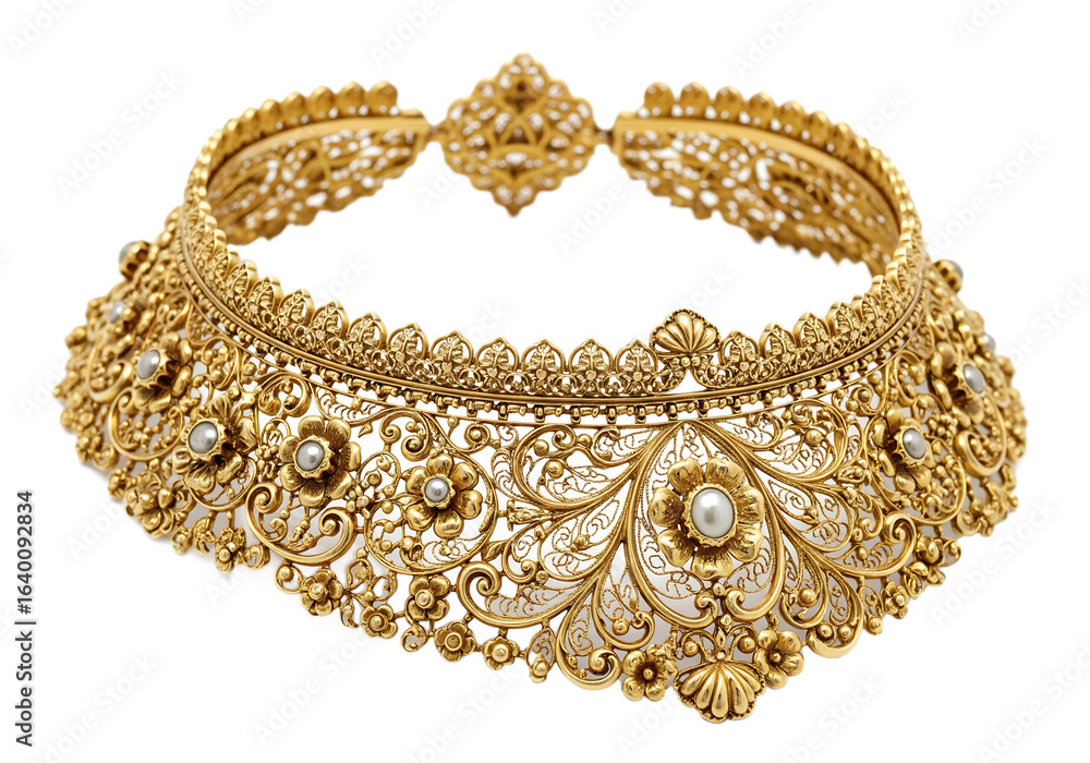 Obraz premium Ornate gold choker necklace with intricate floral patterns and pearls isolated on a transparent background