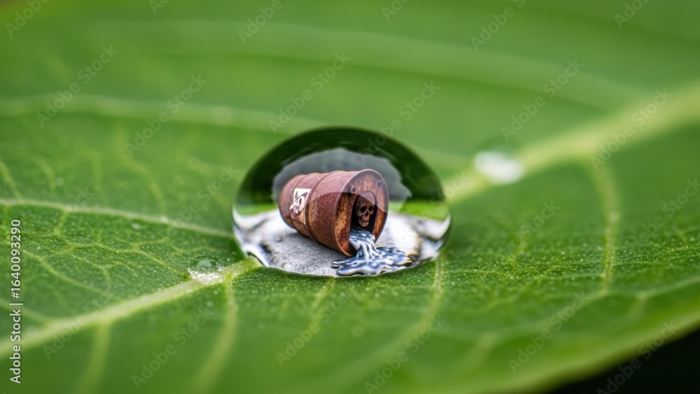 Fototapeta premium A water droplet on a green leaf reflects an image of a leaking toxic waste barrel.