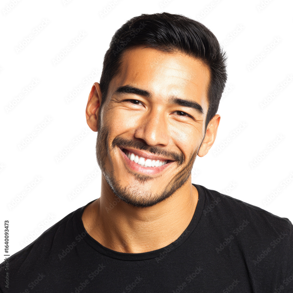 Fototapeta premium A smiling man with dark hair and a goatee, wearing a black t-shirt against a transparent background. background removed
