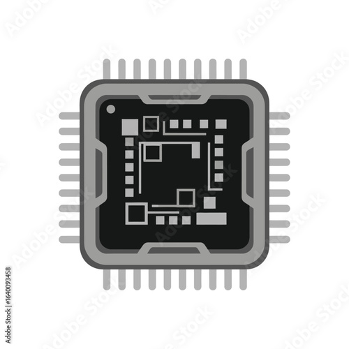 A stylized flat design icon of a square computer microprocessor with connector pins.