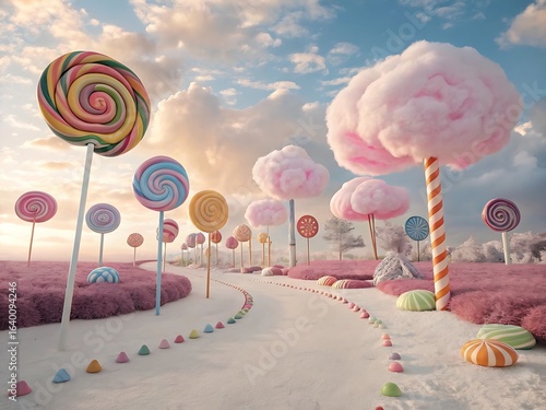 A whimsical candy land landscape features colorful lollipops and cotton candy trees under a dreamy sky, creating a sweet and surreal fantasy scene