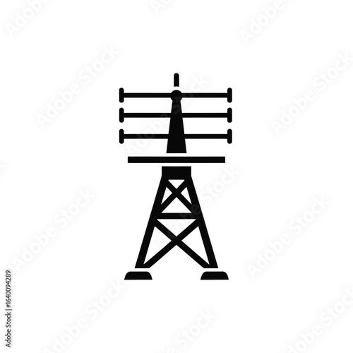 Black silhouette of a power transmission tower with horizontal lines, isolated on a white background, representing energy and communication.