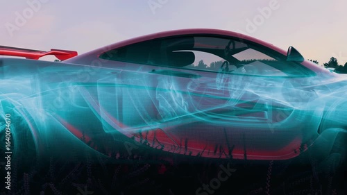 Futuristic Car Scan Effect at Sunset in a Field