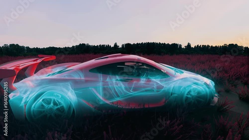 Futuristic Car Scan Effect at Sunset in a Field