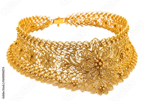 Ornate gold filigree choker necklace with intricate floral patterns isolated on a transparent background