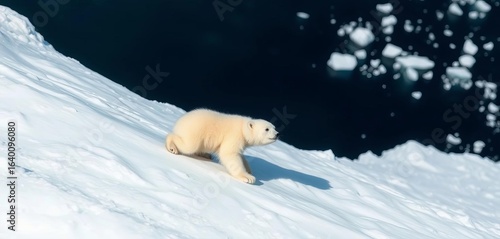 A playful polar bear cub slides down a steep, icy slope on a large iceberg, polar bear cub,   winter scene