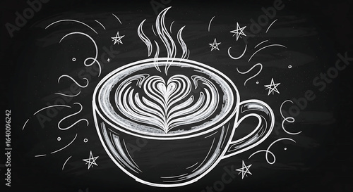 Hand drawn illustration of hand drawn coffee cup with latte art on chalkboard background, a hot drink with heart shape, perfect for cafe or restaurant