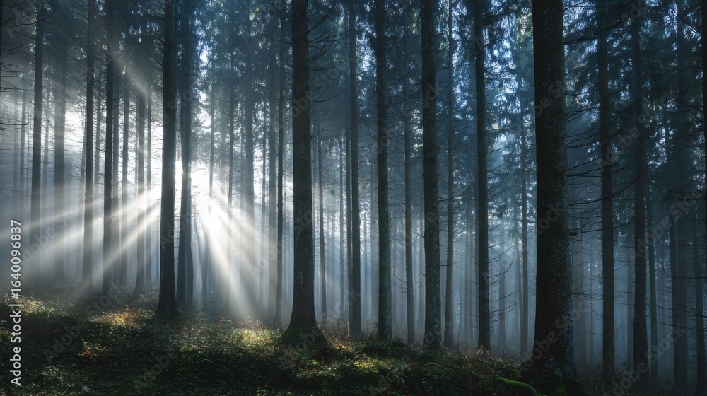 Obraz premium A serene and peaceful forest scene with sunlight shining through the trees. The sunlight creates a beautiful and calming atmosphere, as it illuminates the forest floor and the trees