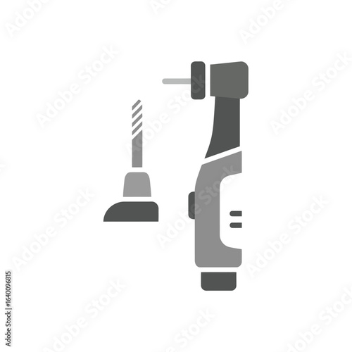 Dental handpiece and drill bit, grey illustration, medical equipment.
