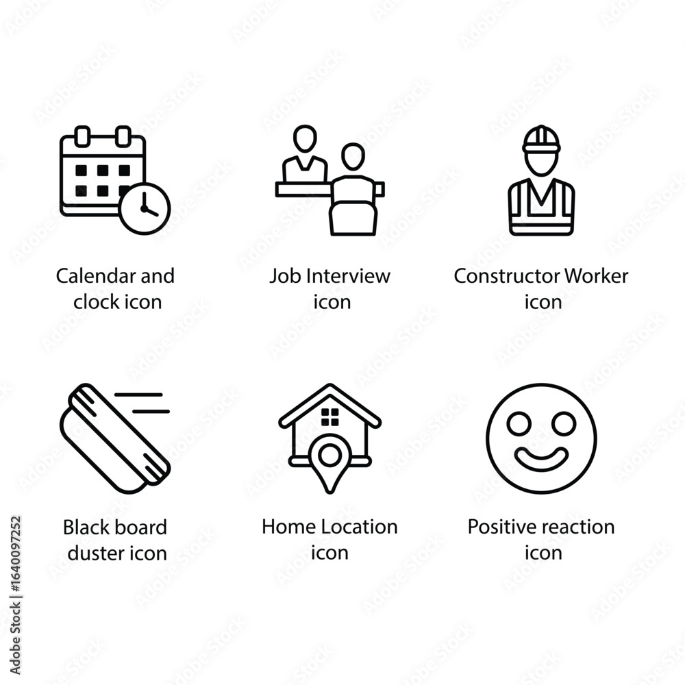 Fototapeta premium Calendar and clock, Job Interview, Constructor Worker, Black board duster, Home Location, Positive reaction, icon