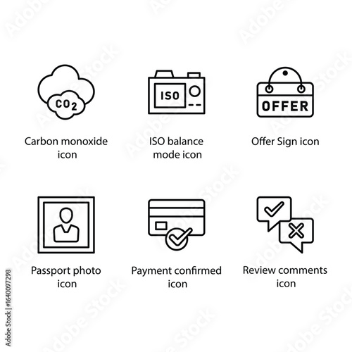 Carbon monoxide, ISO balance mode, Offer Sign, Passport photo, Payment confirmed, Review comments, icon