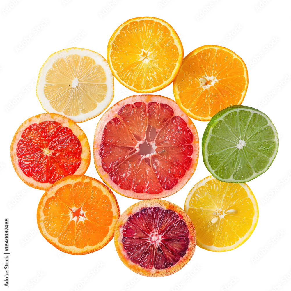 Citrus fruit slices arranged in a circle, vibrant colors, studio shot, healthy food concept, ideal for packaging or recipe websites Citrus fruit slices arranged in a circle, vibrant colors, studio shot, healthy food concept, ideal for packaging or recipe websites