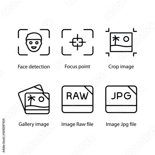 Face detection, Focus point, Crop image, Gallery image, Image Raw file, Image Jpg file, icon